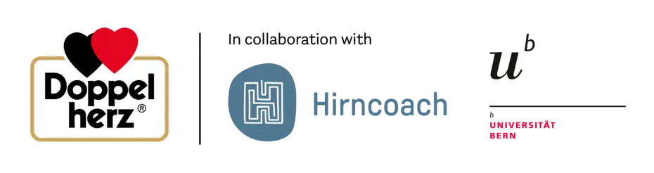 The image features three logos: the first is for "Doppelherz," characterized by two hearts; the second is the "Hirncoach" logo, which includes a stylized letter "H" within a circular shape; the third is the logo for "Universität Bern," prominently displaying the university's name.
