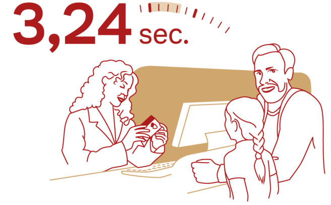 An illustration depicting a bank interaction, featuring a woman in formal attire speaking to a man and a child. A timer reading "3,24 sec." is prominently displayed, suggesting a quick service or transaction.