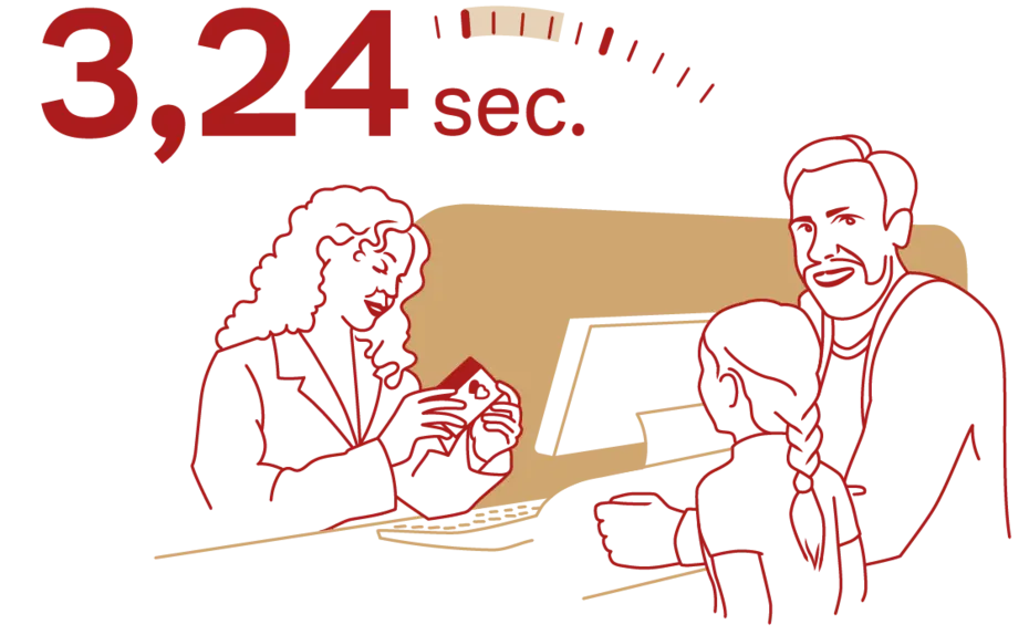 An illustration depicting a bank interaction, featuring a woman in formal attire speaking to a man and a child. A timer reading "3,24 sec." is prominently displayed, suggesting a quick service or transaction.